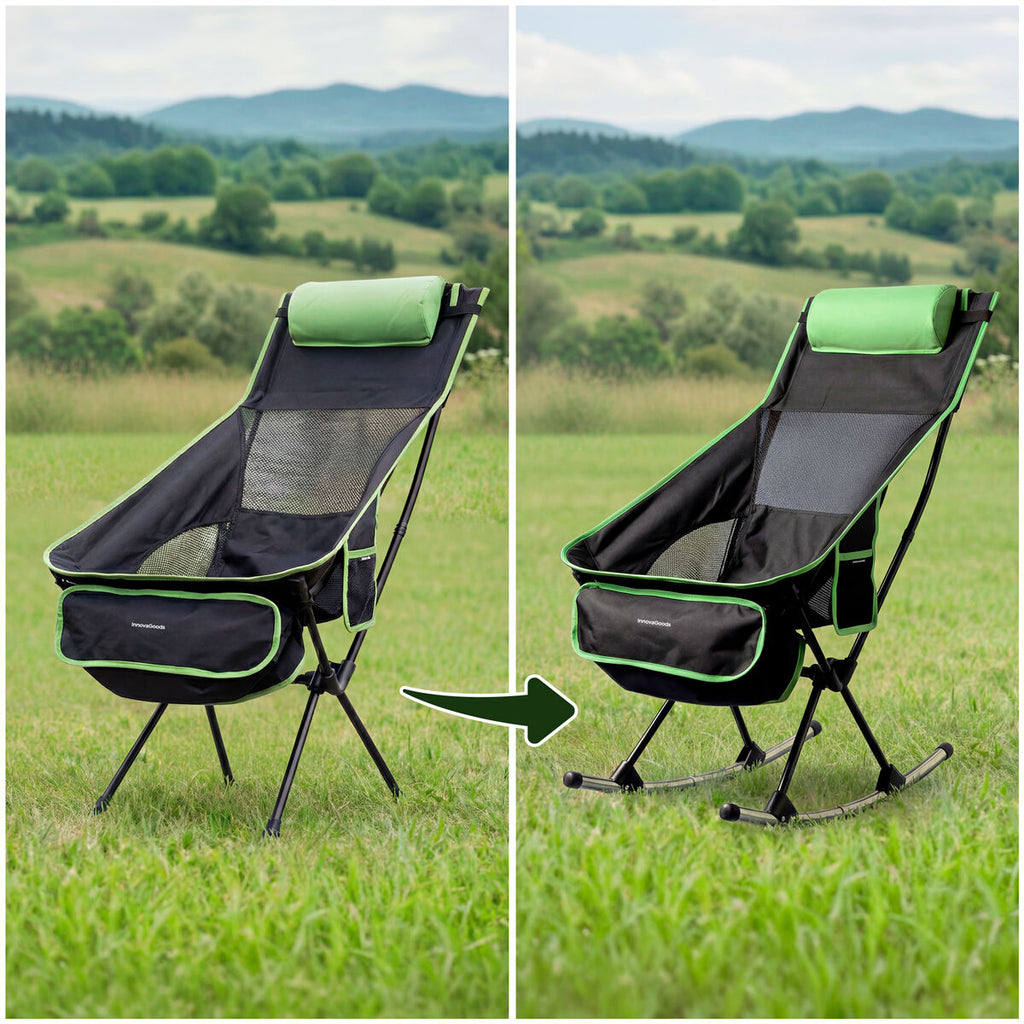 The dual-functionality of the chair as a stationary and a rocking chair shown in an outdoor setting. Arrows emphasize the conversion feature.