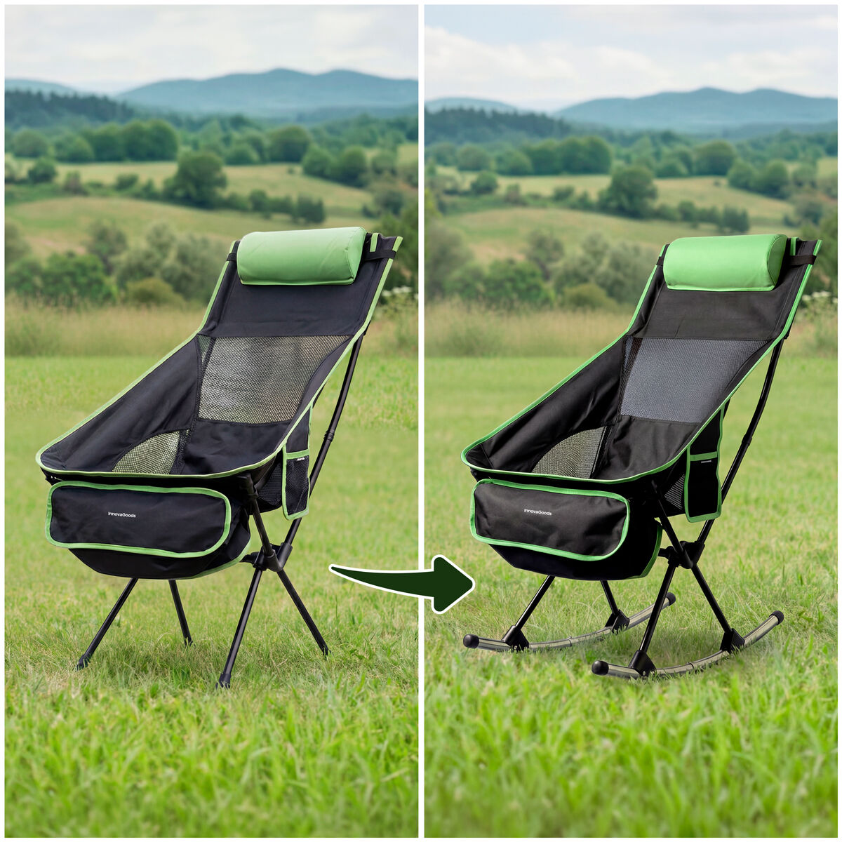 The dual-functionality of the chair as a stationary and a rocking chair shown in an outdoor setting. Arrows emphasize the conversion feature.