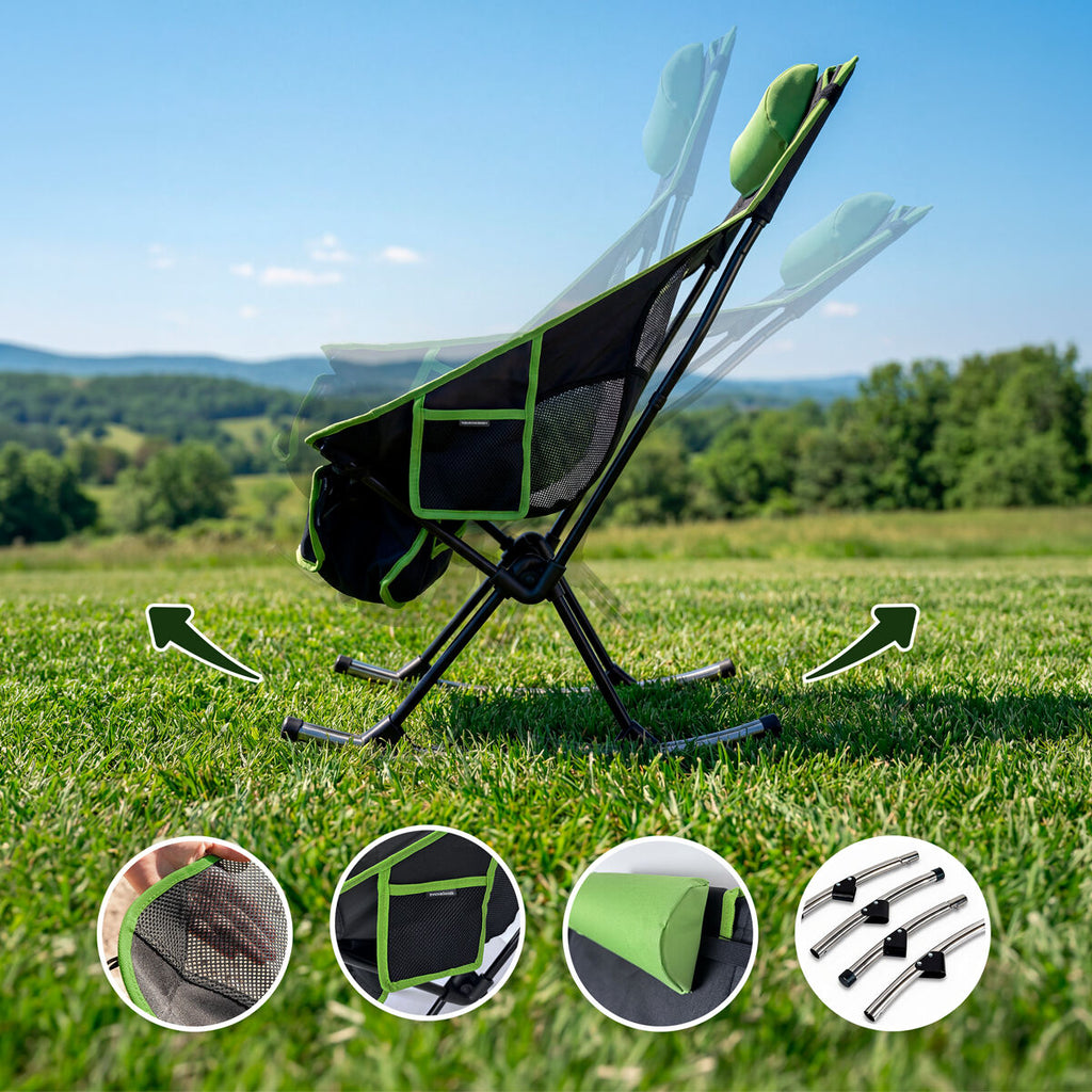 A dynamic outdoor scene demonstrates the chair's rocking feature on grass, with inset detail shots of the fabric, pocket, and cushion. The scenic landscape in the background enhances the camping appeal.