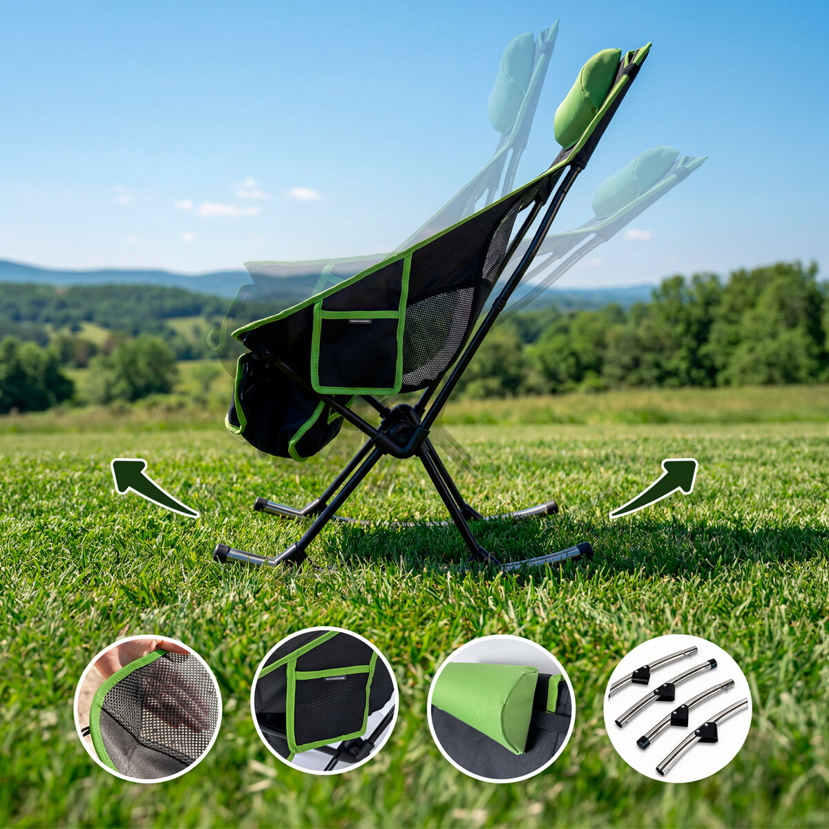 A dynamic outdoor scene demonstrates the chair's rocking feature on grass, with inset detail shots of the fabric, pocket, and cushion. The scenic landscape in the background enhances the camping appeal.