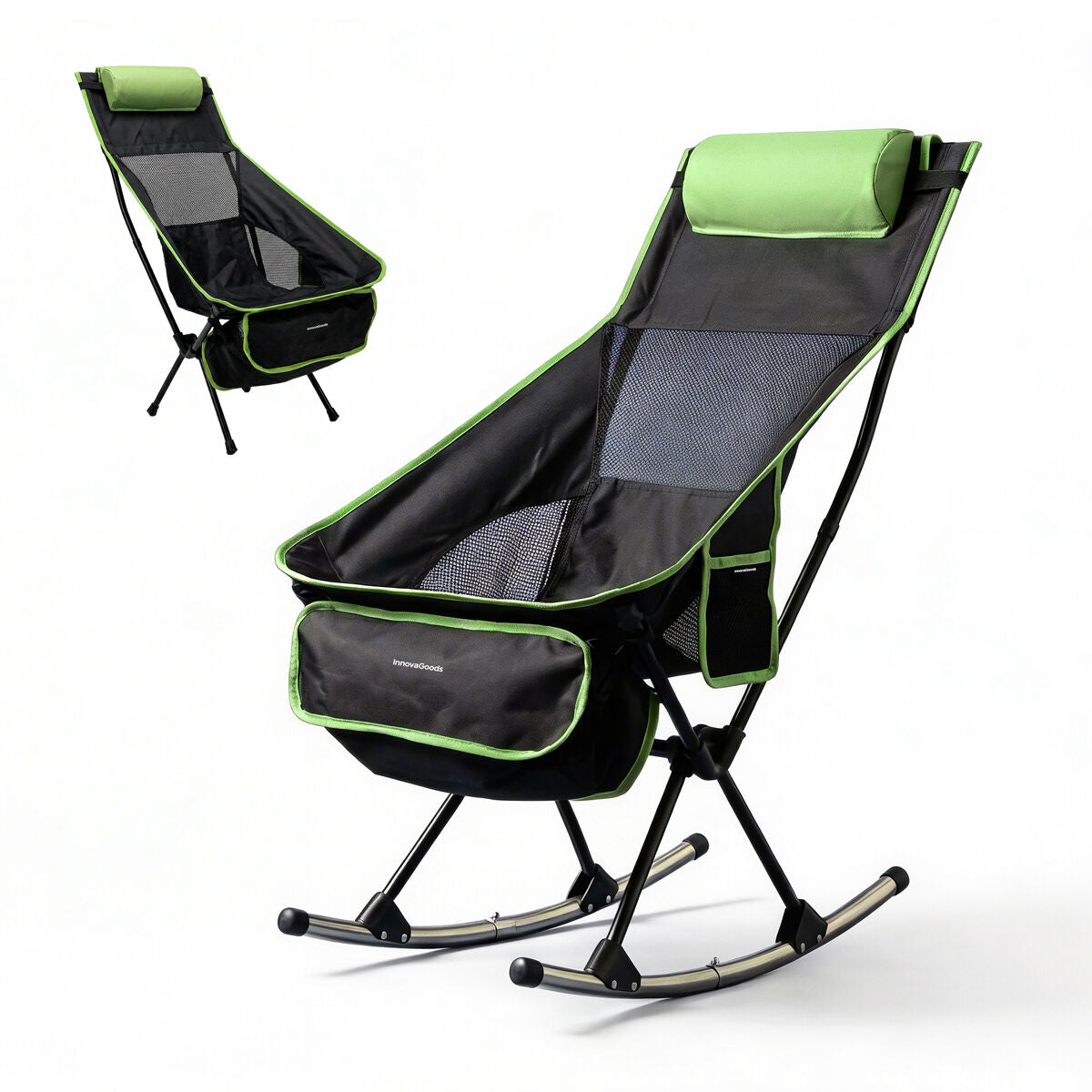Image showing the chair in two configurations, rocking and standard, both black with green accents. The background is plain to highlight the chair's features.