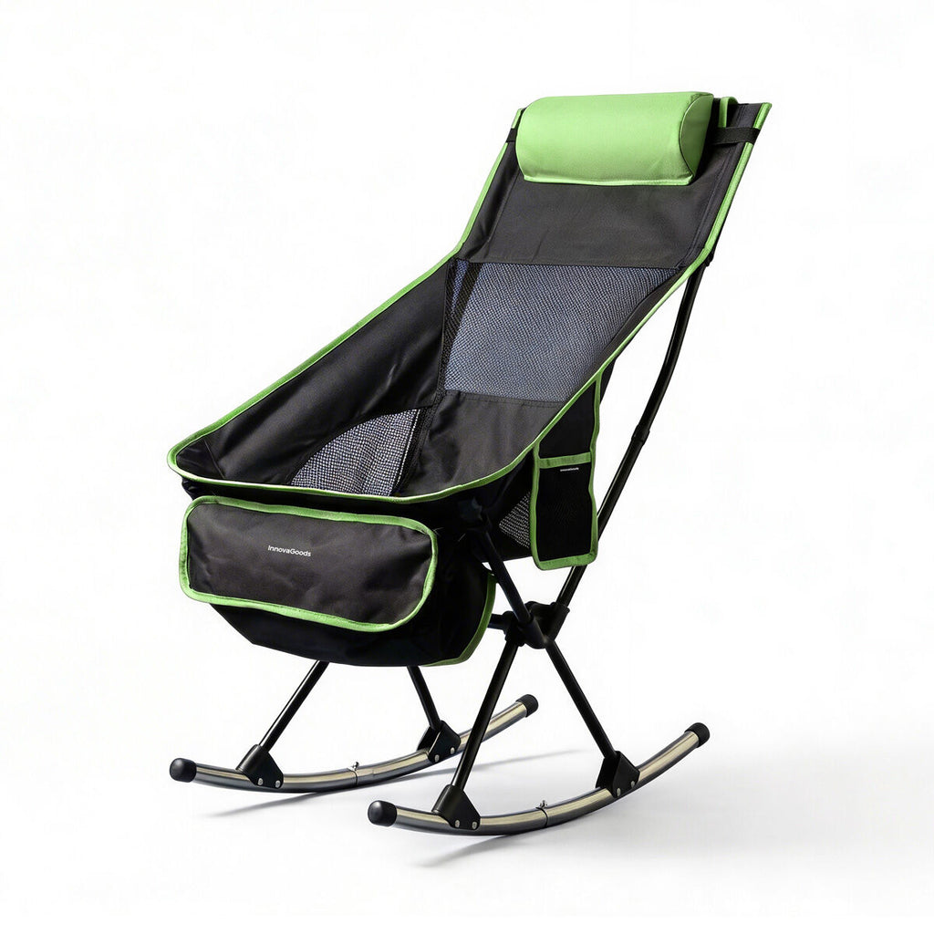 Studio shot of the chair fully assembled as a rocking chair. It highlights the cushion, mesh, pocket, and sturdy frame.
