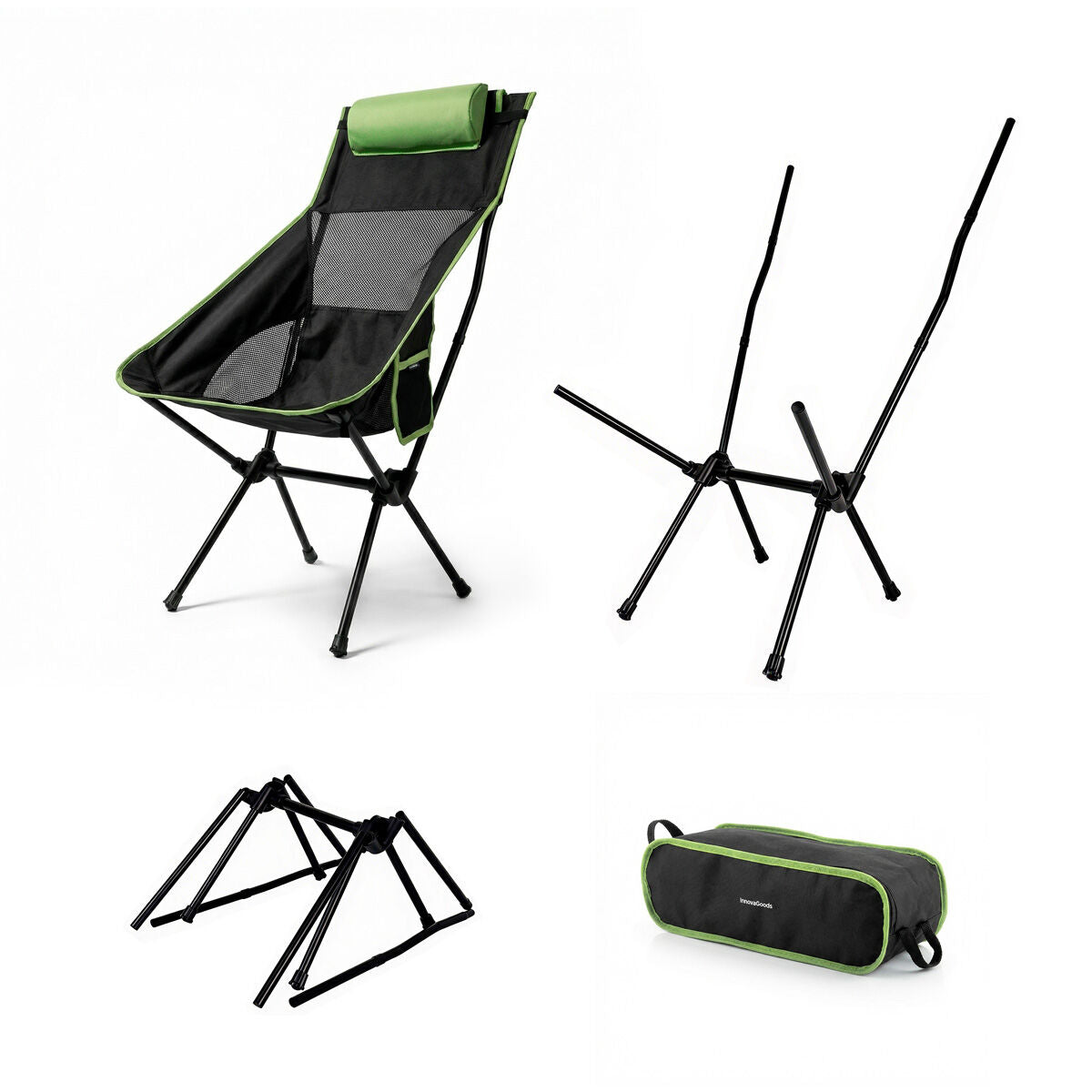 The image shows various parts of the chair alongside the assembled product, including frame and carry bag.