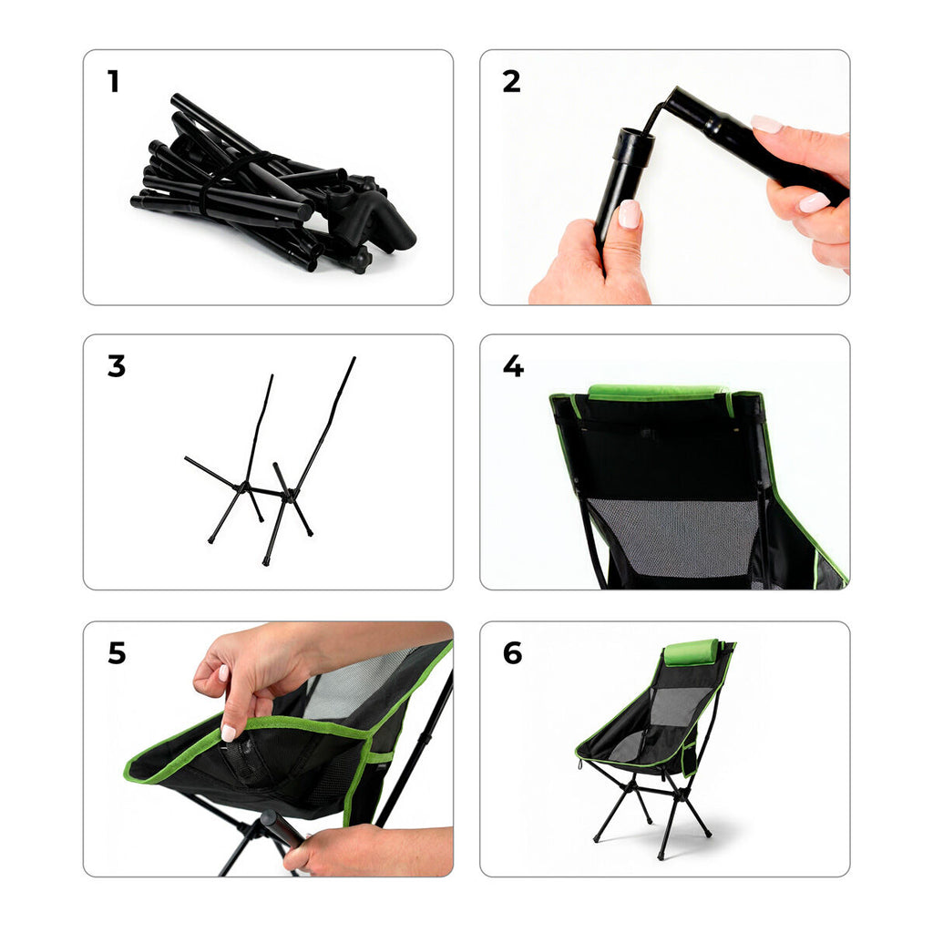 A step-by-step guide shows assembly steps for the chair, involving folding metal bars and attaching fabric.