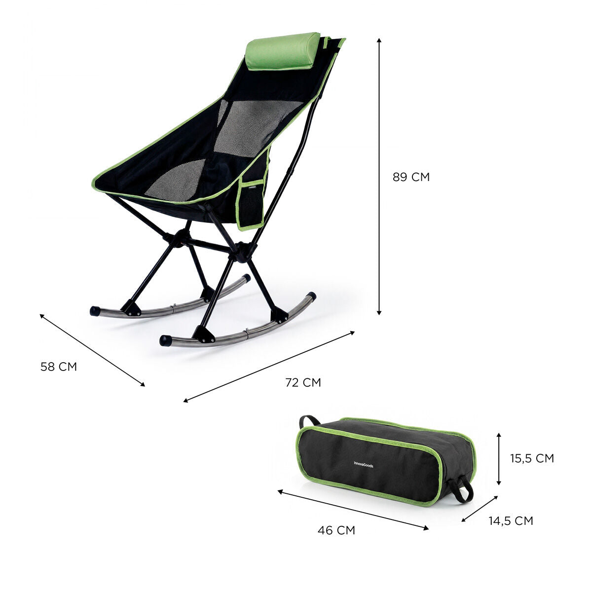Displays the chair with dimensions marked and its portable carry bag. The chair is black and green with mesh back and cushion.