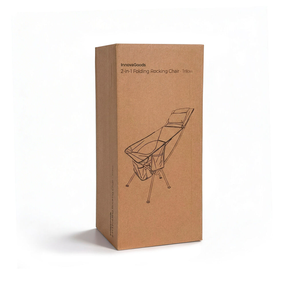 This image shows the product packaging, a plain brown box with an illustration of the chair and the branding 'InnovaGoods 2-in-1 Folding Rocking Chair - Trillow'.
