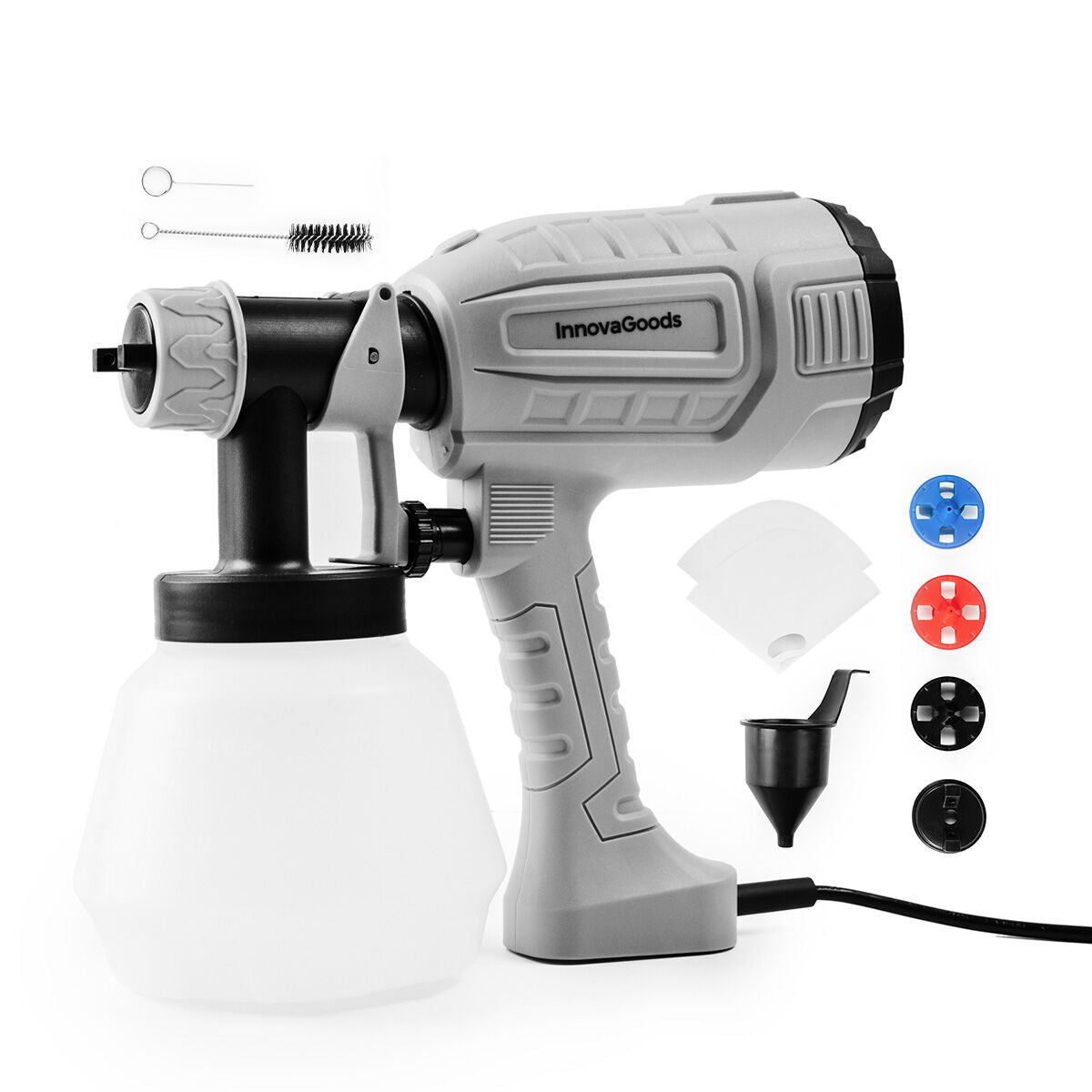 The paint sprayer gun fully assembled with accessories displayed around it on a white surface, presenting a complete view of what is included.