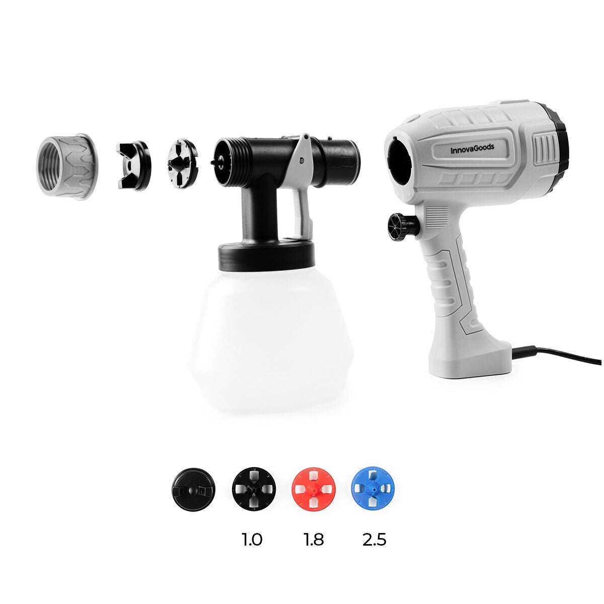 The paint sprayer is disassembled to show all parts, including interchangeable nozzles, against a white background, highlighting assembly and part features.