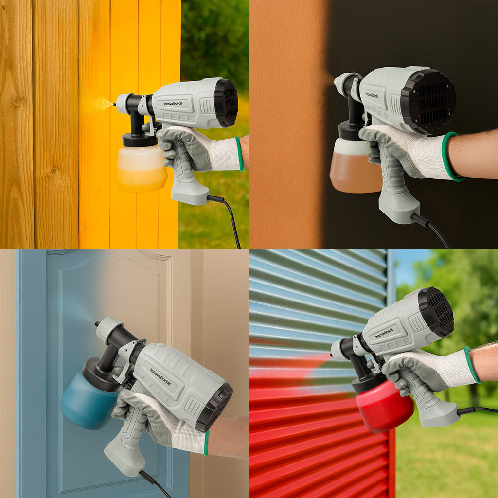 Four images on a single canvas depicting the sprayer painting different materials and colors, emphasizing its adaptability for diverse tasks.