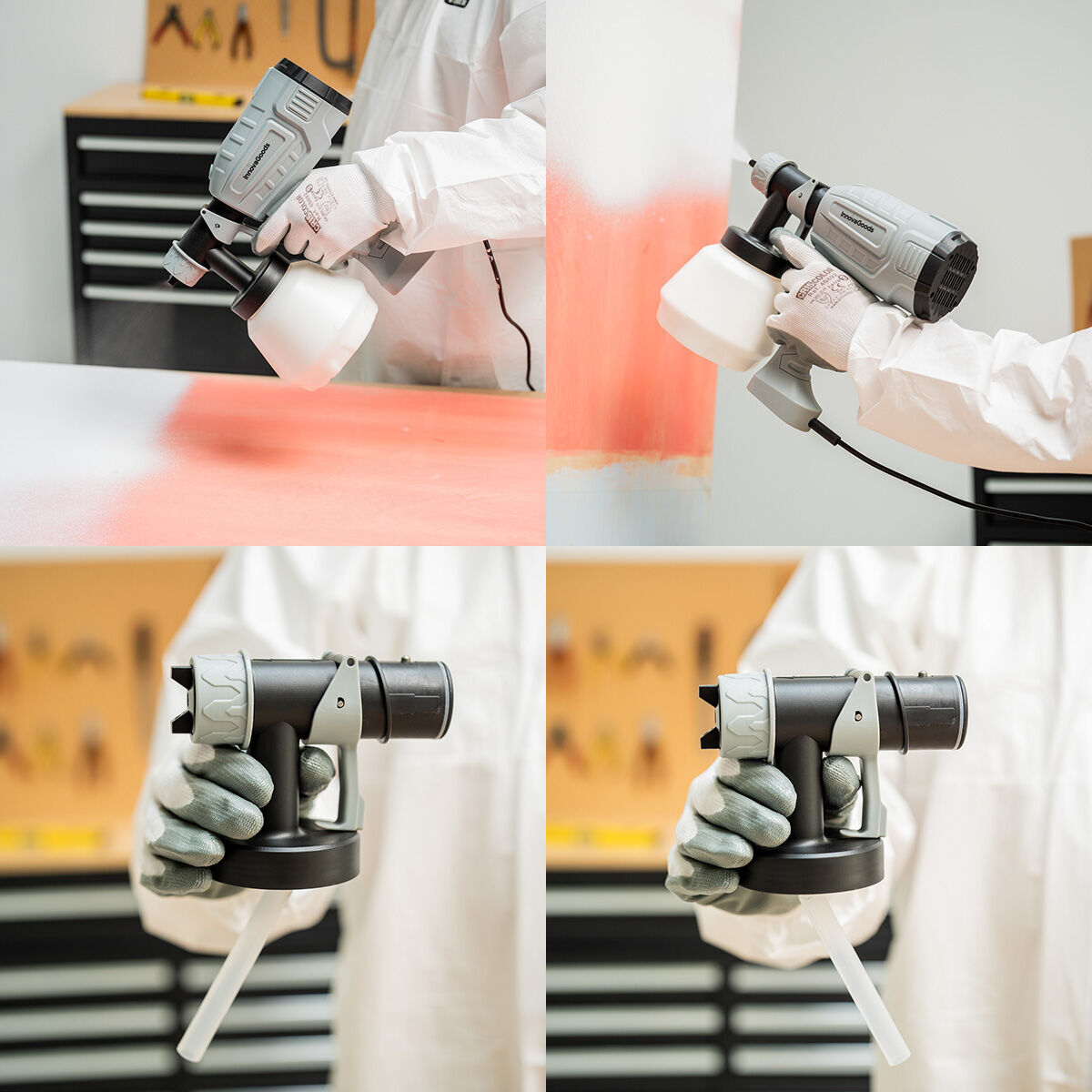 A collage of images showing the sprayer in action, applying paint evenly on various surfaces, with detailed close-ups of handling and operation.