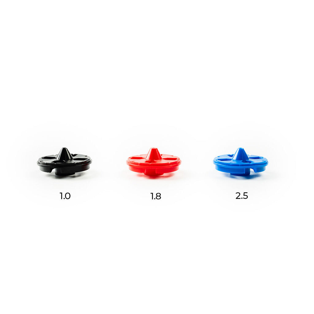 Three spray nozzles in black, red, and blue are shown against a white background, with each labeled 1.0, 1.8, and 2.5 respectively, indicating the spray size.