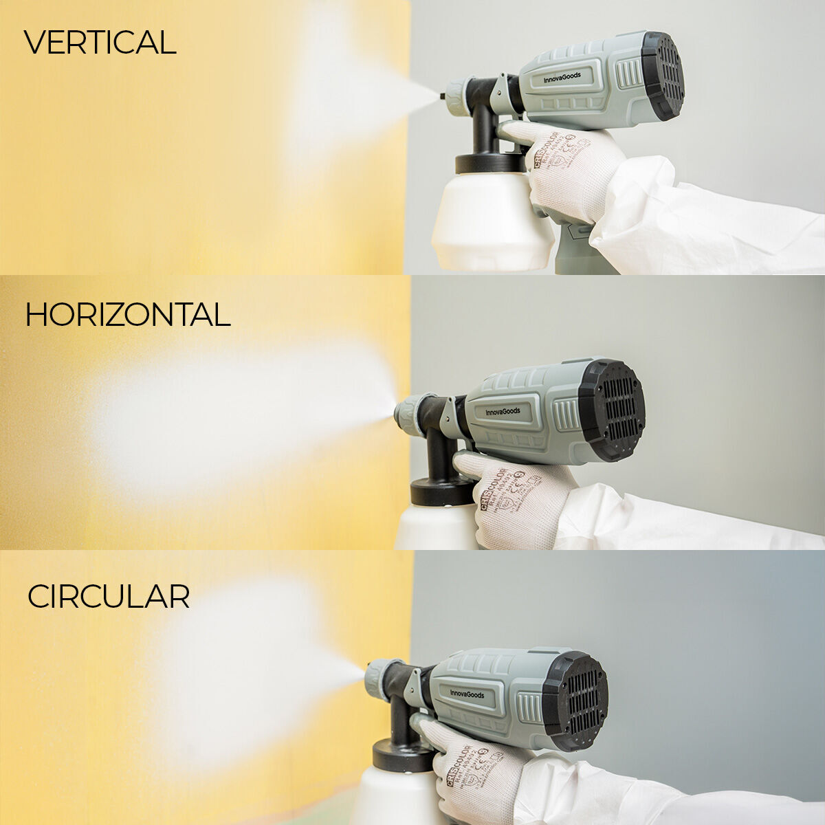 The sprayer is shown actively painting surfaces in three different orientations: vertical, horizontal, and circular, suggesting versatility and control.