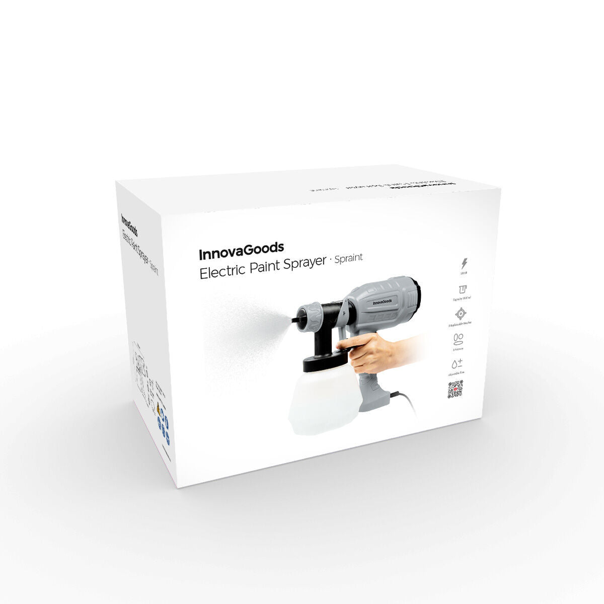 The product packaging for the InnovaGoods Electric Paint Sprayer is shown, featuring a clean white box with imagery of the device in use and various icons denoting features.